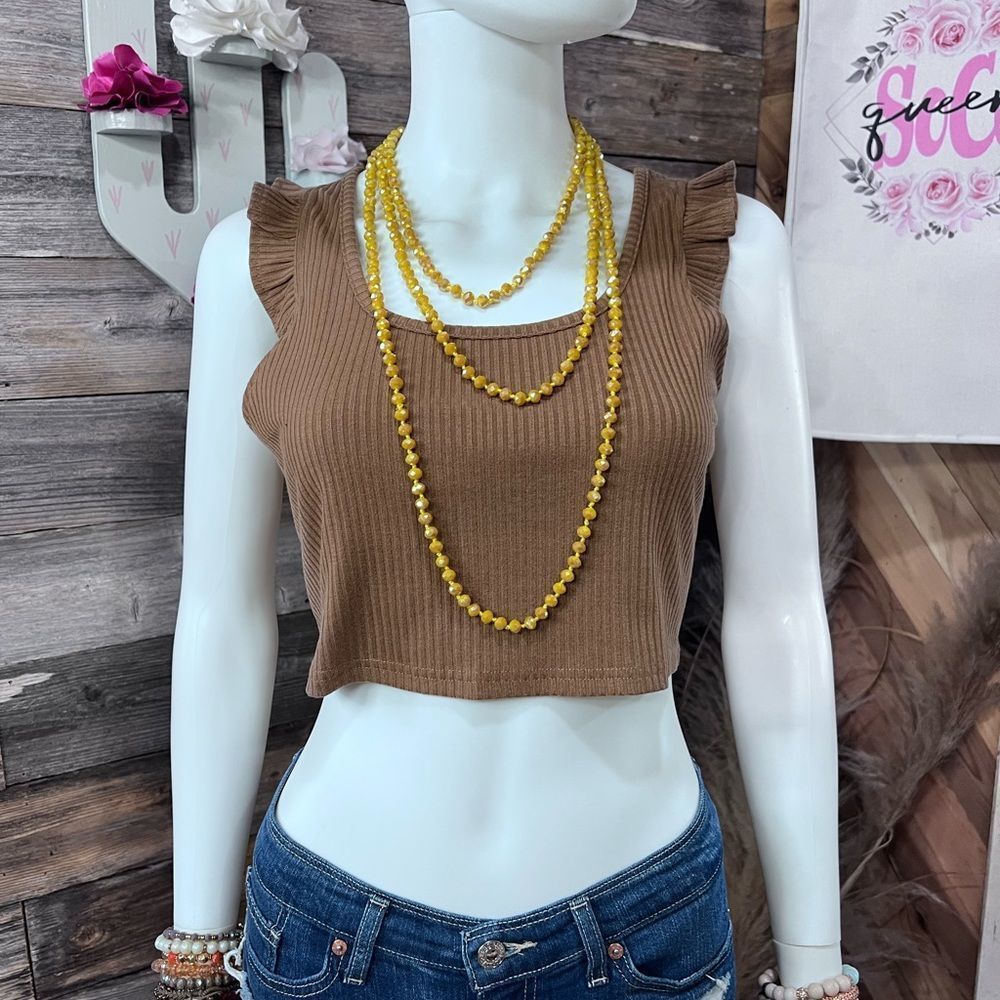 Brown Ruffle Strap Ribbed Sleeveless Crop Top Large 💗